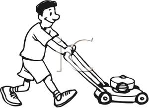 Black And White Man Mowing The Lawn   Royalty Free Clipart Picture