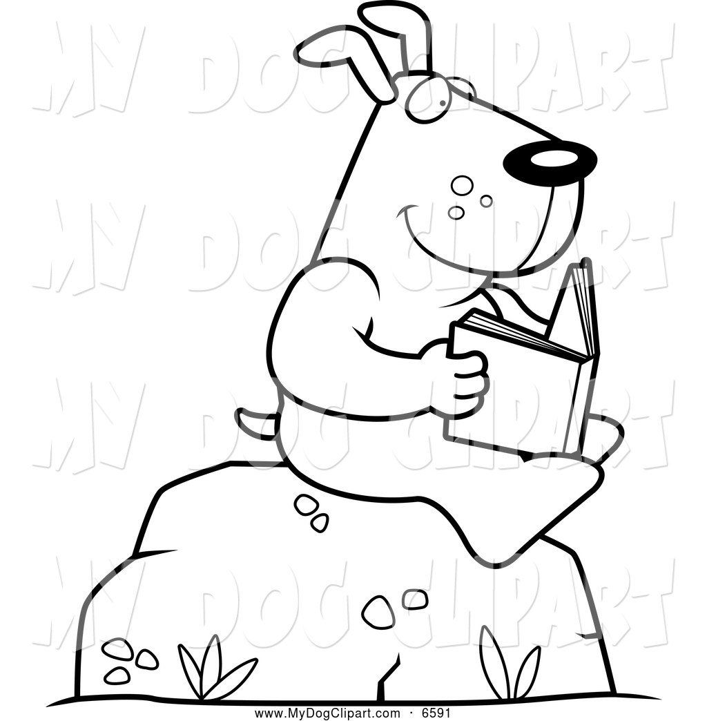 Clip Art Of A Black And White Outlined Dog Reading A Book On A Boulder