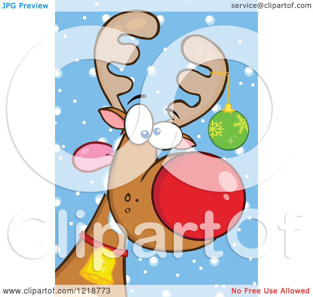 Clipart Of A Goofy Christmas Red Nosed Rudolph Reindeer With A Bauble