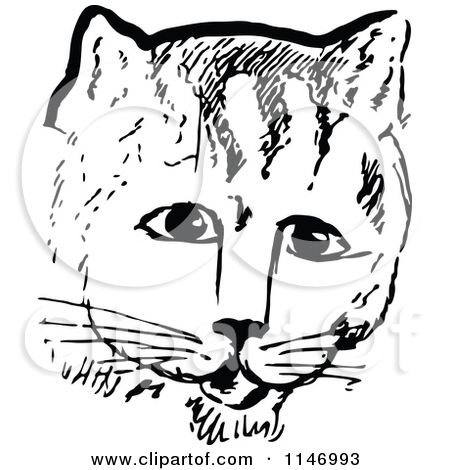 Clipart Of A Retro Vintage Black And White Cat Face   Royalty Free