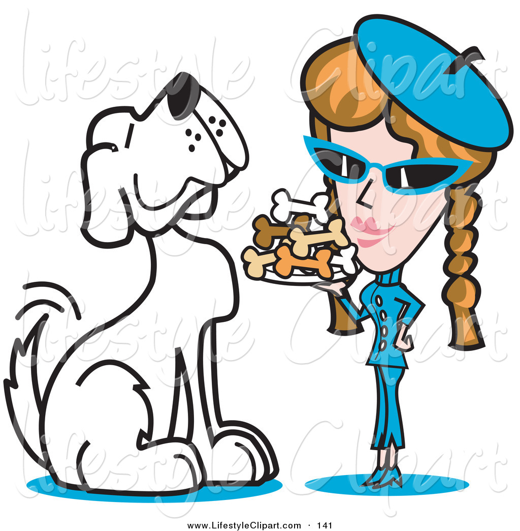Lifestyle Clipart Of A Large Spoiled White Dog Waiting As A Woman