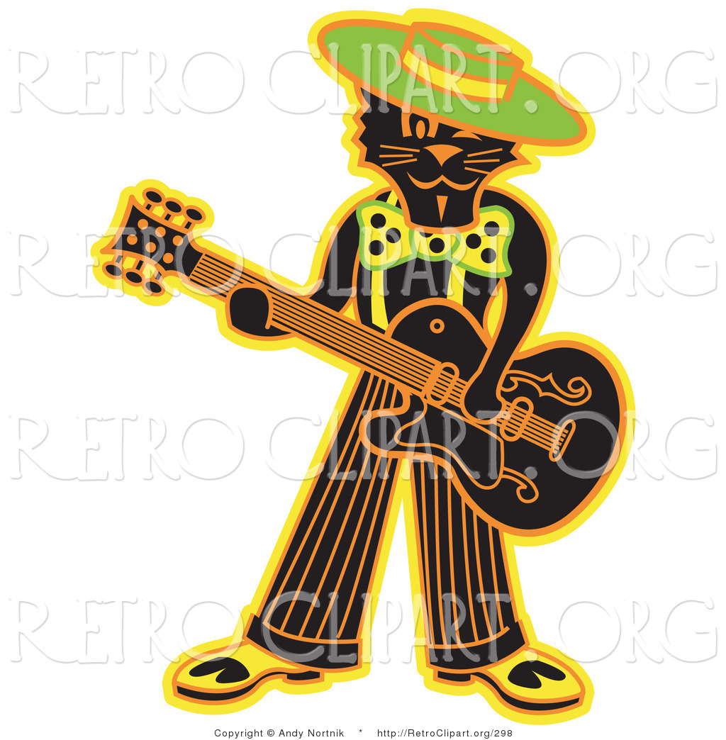 Retro Clipart Of A Cool Black Cat Playing A Guitar On Stage