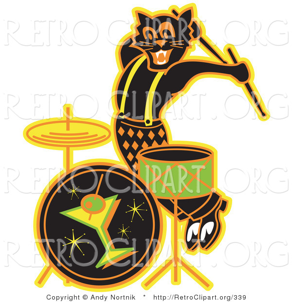Retro Clipart Of An Energetic Black Cat Playing The Drums While
