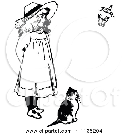 Retro Vintage Black And White Girl And Cat Watching Butterflies