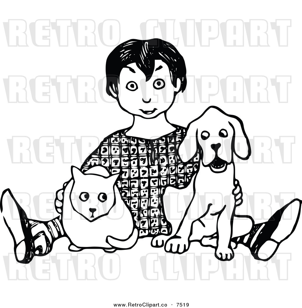 Vector Clipart Of A Retro Black And White Boy Sitting With A Cat And