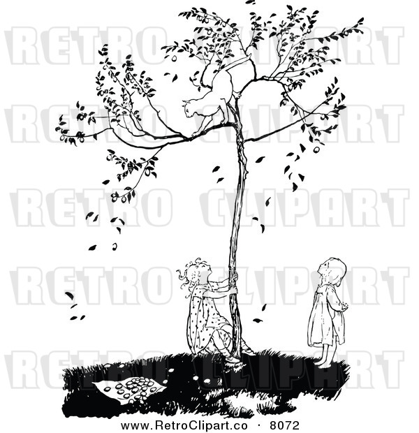 Vector Clipart Of A Retro Black And White Cat In A Tree Above Girls By