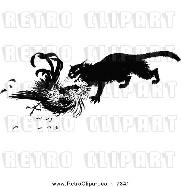 Vector Clipart Of A Retro Black And White Cat Killing A Chicken By