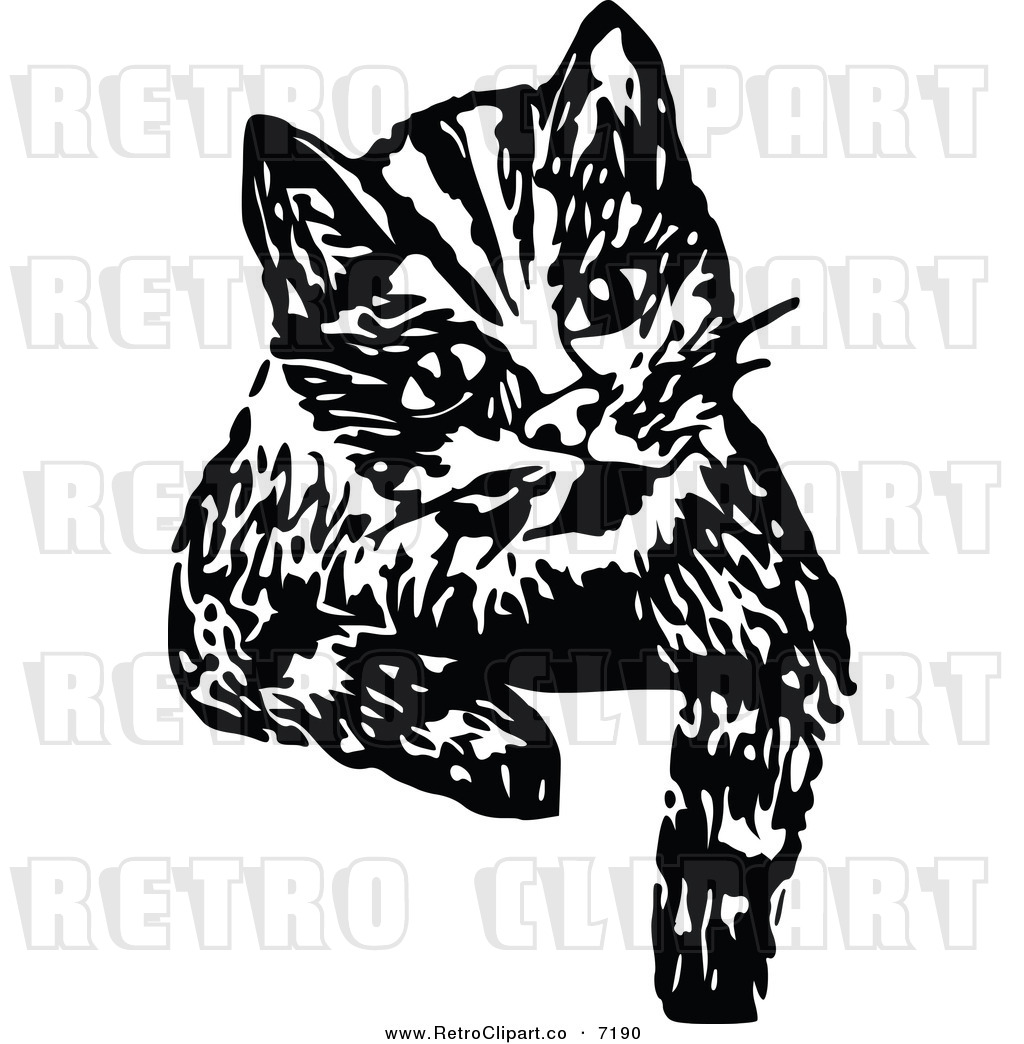 Vector Clipart Of A Retro Black And White Cat Looking Over A Surface