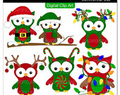 Art Owls Clipart Green Red   Happy Hootin Holidays   Digital Clip Art
