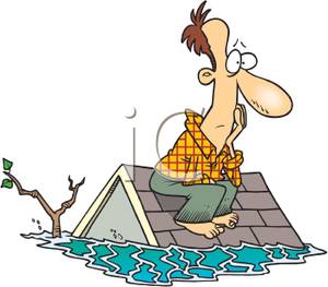 Clip Art Image  A Man Sitting On The Roof Of His Flooded House