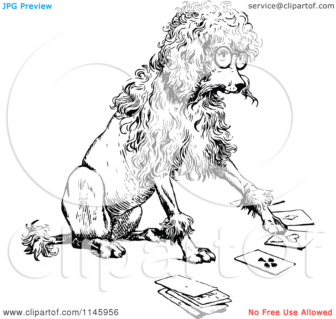 Clipart Of A Retro Vintage Black And White Clever Poodle Playing Cards