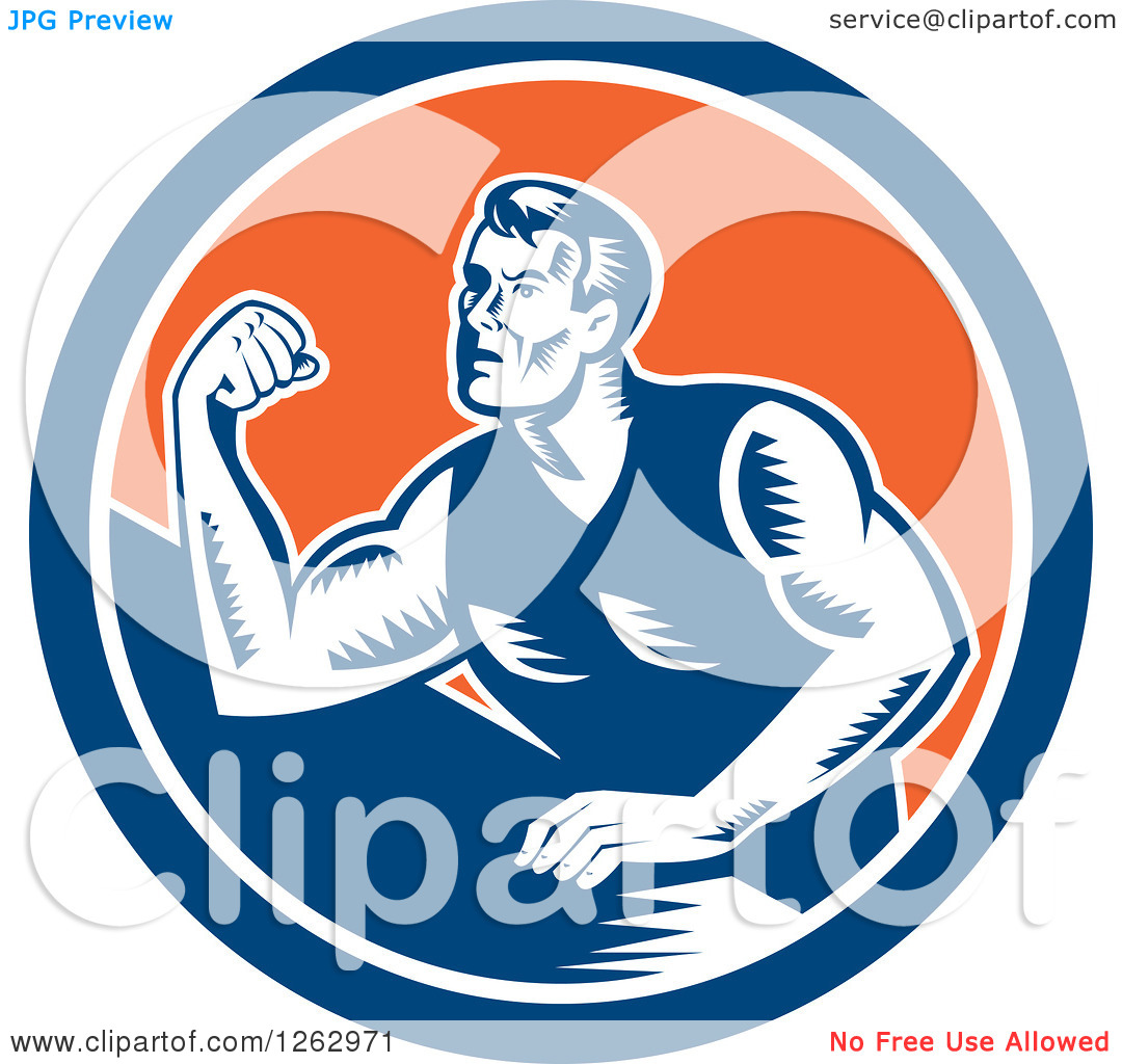 Clipart Of A Retro Woodcut Male Arm Wrestling Champion In A Blue White