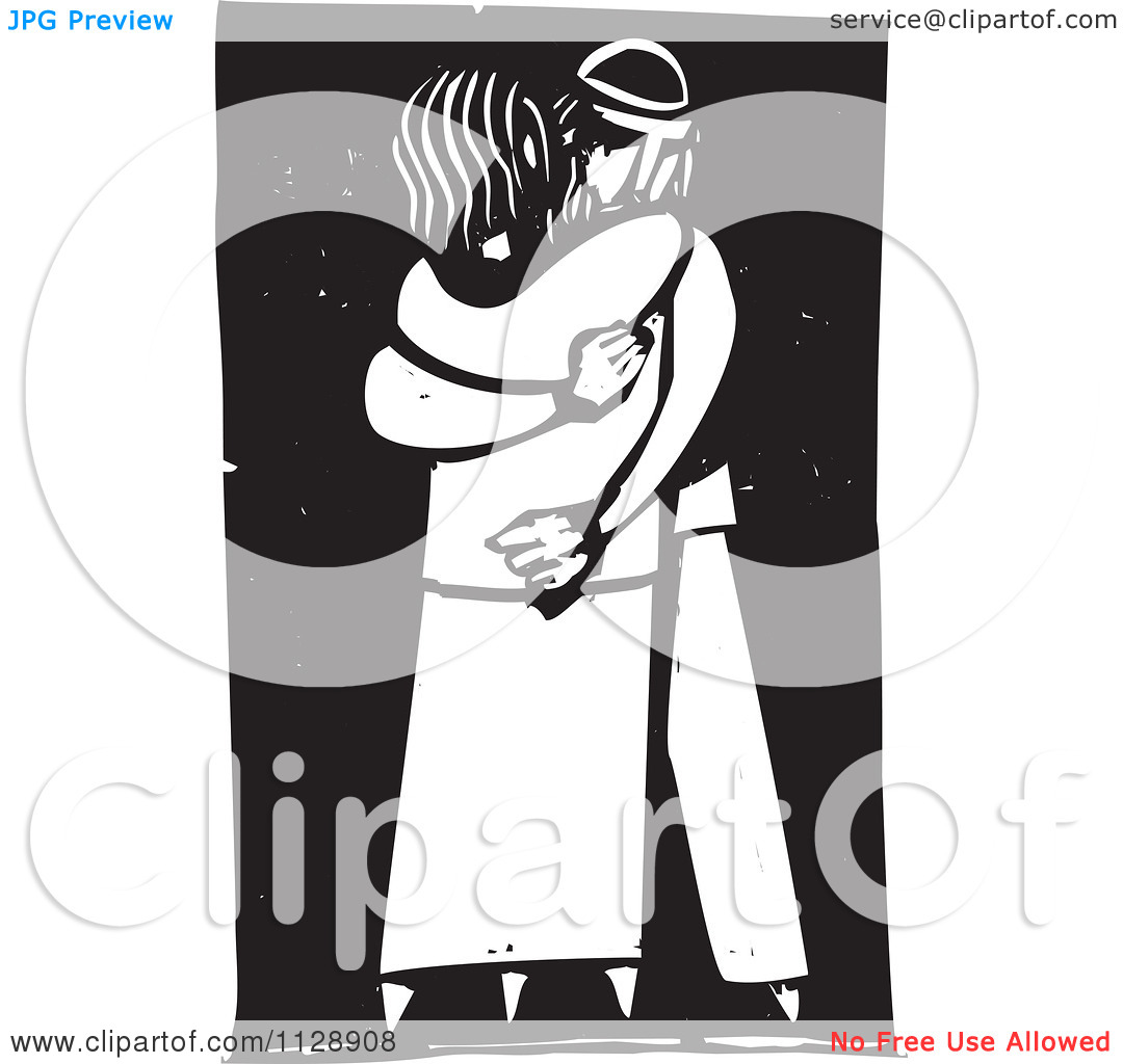 Clipart Of A Woodcut Of A Couple Hugging In Black And White   Royalty