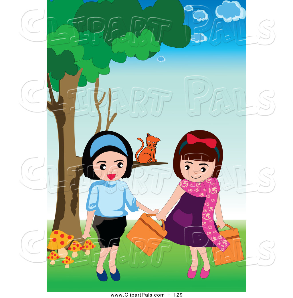 Clipart Of An Orange Cat Sitting On A Tree Branch Watching Two Girls