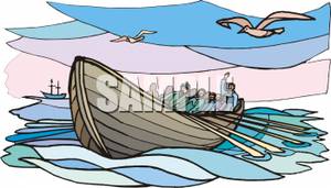 Group Of Men Rowing A Wooden Boat   Royalty Free Clipart Picture