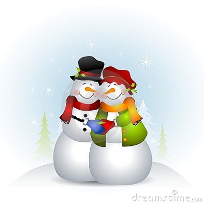 Illustration Featuring A Snowman And Snow Woman Hugging In The Snow