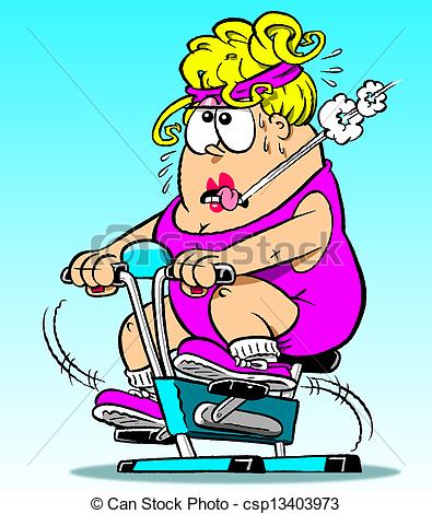 Illustrations Of Chubby Lady   Cartoon Chubby Lady On Exercise Bike