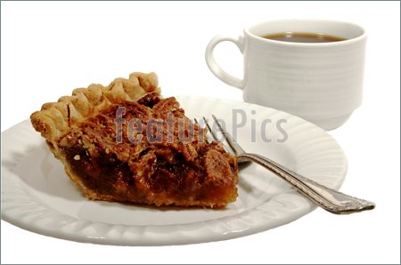 Pecan Pie With A Golden Brown Crust With A Cup Of Coffee Isolated