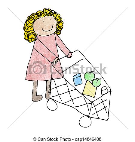 Vector   Cartoon Mother Pushing Trolley   Stock Illustration Royalty