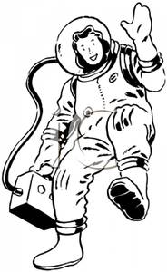 Black And White Retro Style Cartoon Of A Female Astronaut In Space