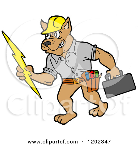Cartoon Of A Pit Bull Electrician Dog Holding A Bolt And Tool Box    