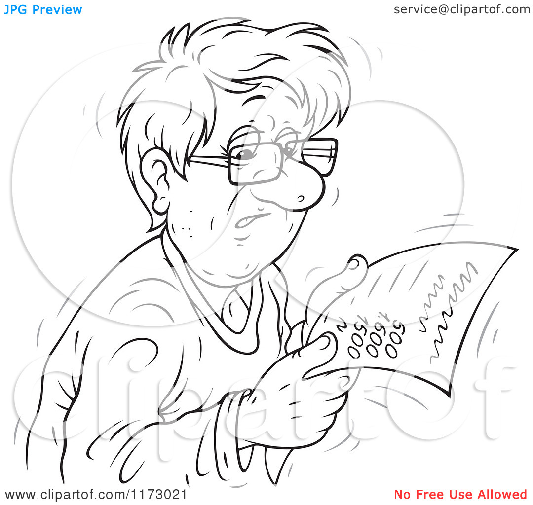 Cartoon Of A Sketched Black And White Worried Man Reading A Bill