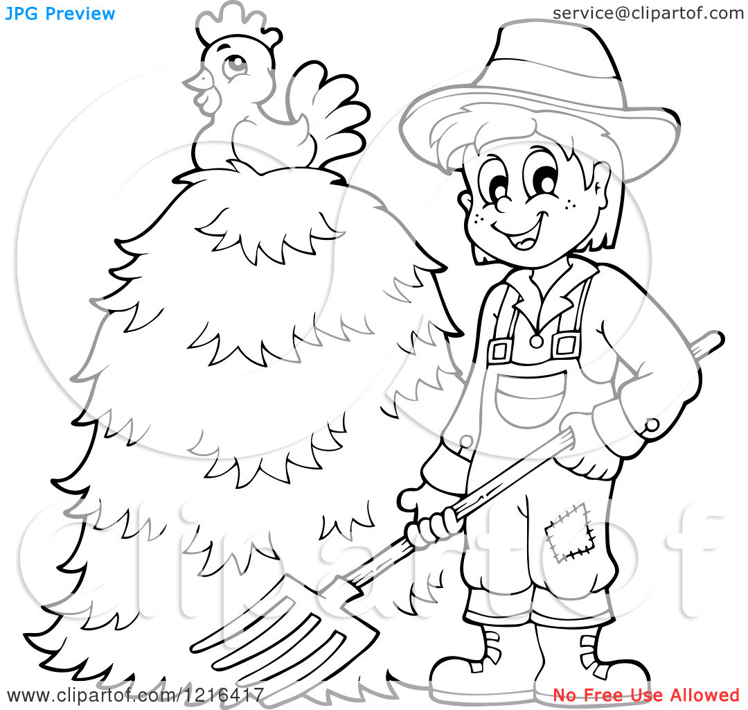 Clipart Of An Outlined Happy Farmer Holding A Pitchfork By A Pile Of    