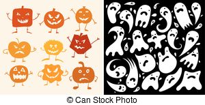 Halloween Pumpkin And Ghosts Set Vectors Illustration