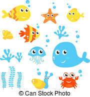 Marine Life   Sea And Fishes Collection Isolated On White Clip Art