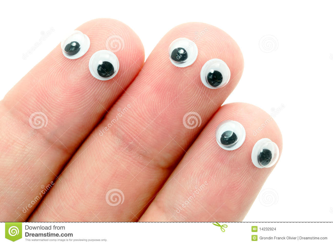Sticky Wiggle Eyes Stuck On Three Fingers Isolated Against A White