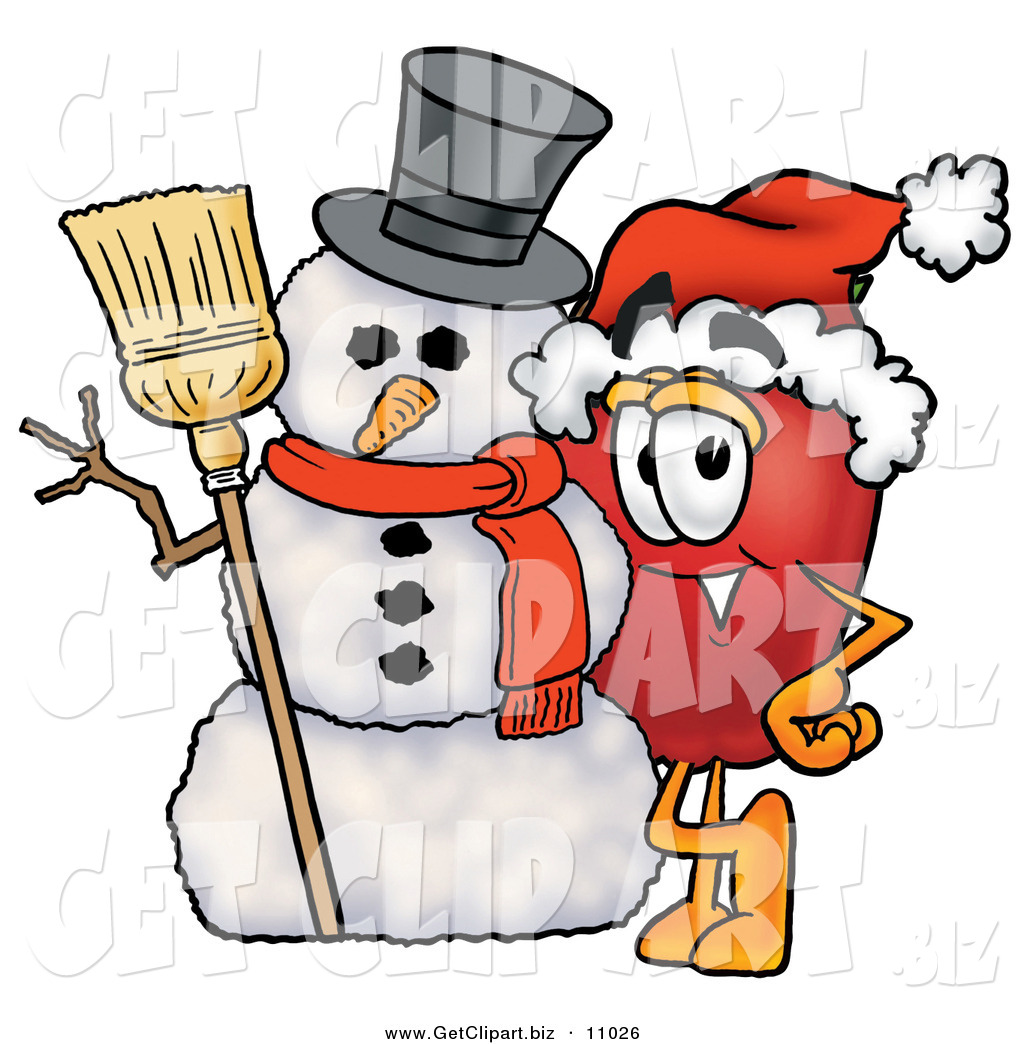 And Happy Red Apple Character Mascot Leaning On A Snowman On Christmas