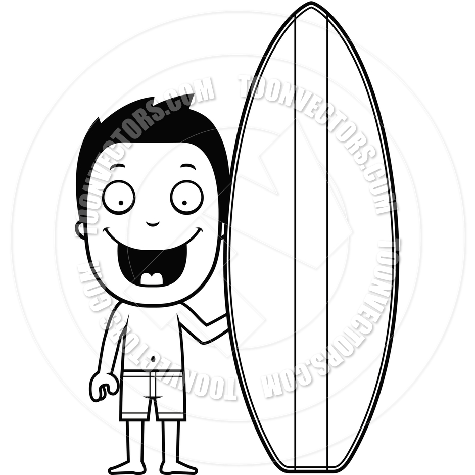 Boy Surfboard  Black And White Line Art  By Cory Thoman   Toon Vectors