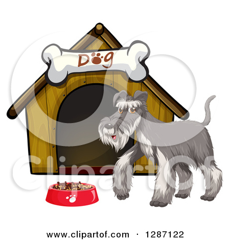 Clipart Of A Walking Salt And Pepper Schnauzer Dog By A Pet Food Bowl