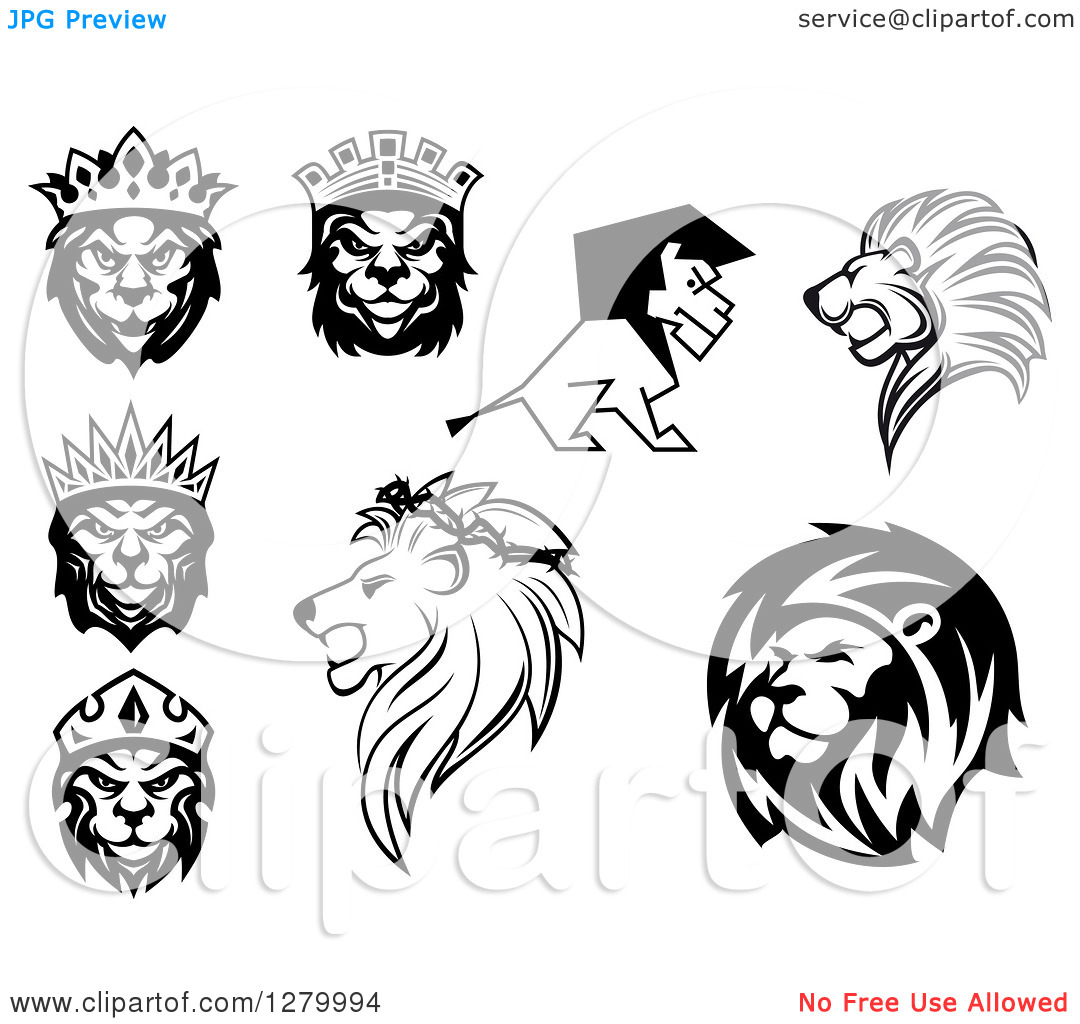 Clipart Of Black And White Male Lions   Royalty Free Vector