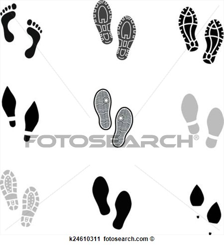Footprints And Shoeprints Icons In Black Gray And White Showing Bare