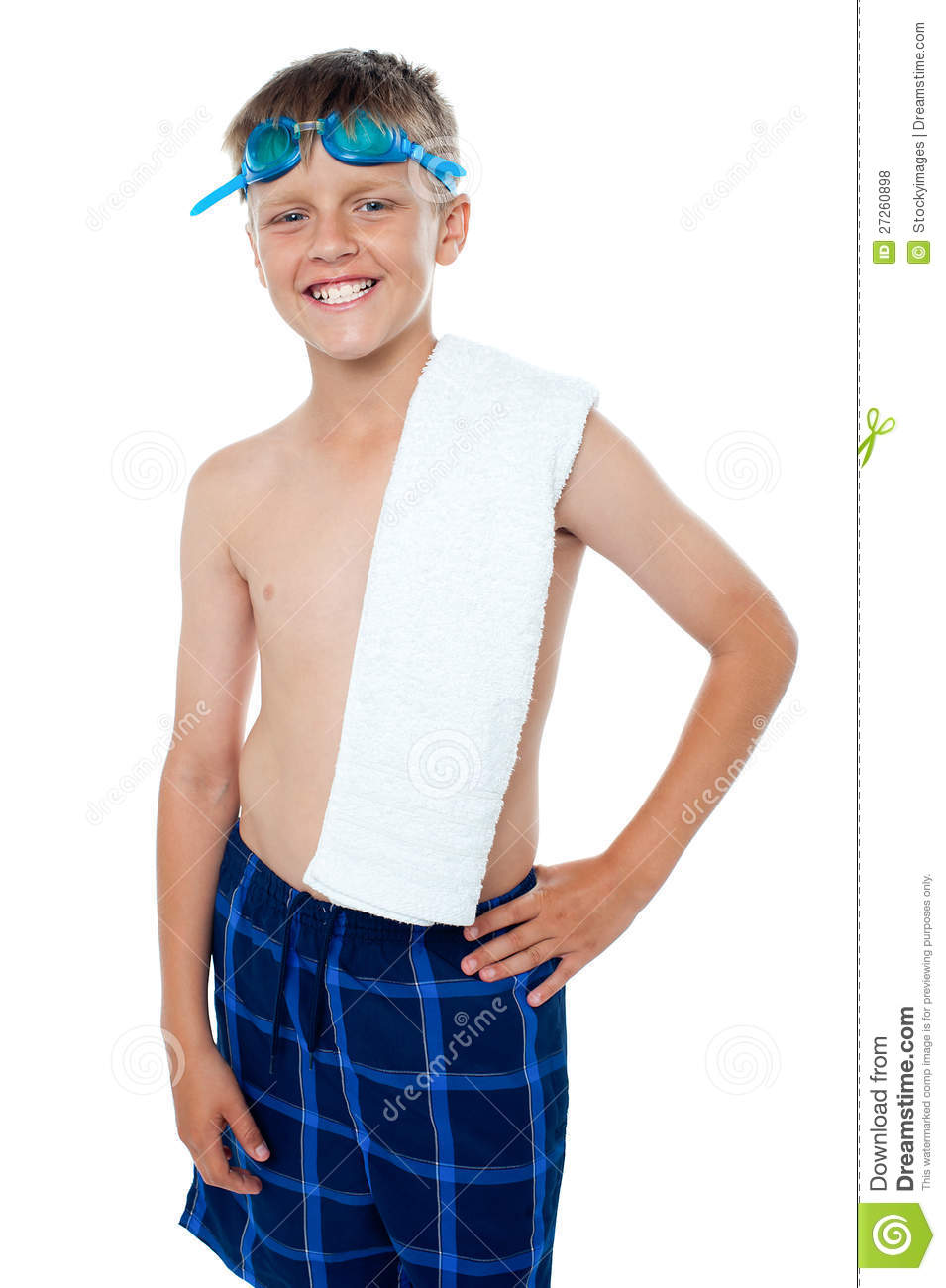 Happy 13 Years Old Boy With Goggles And Towel Royalty Free Stock    