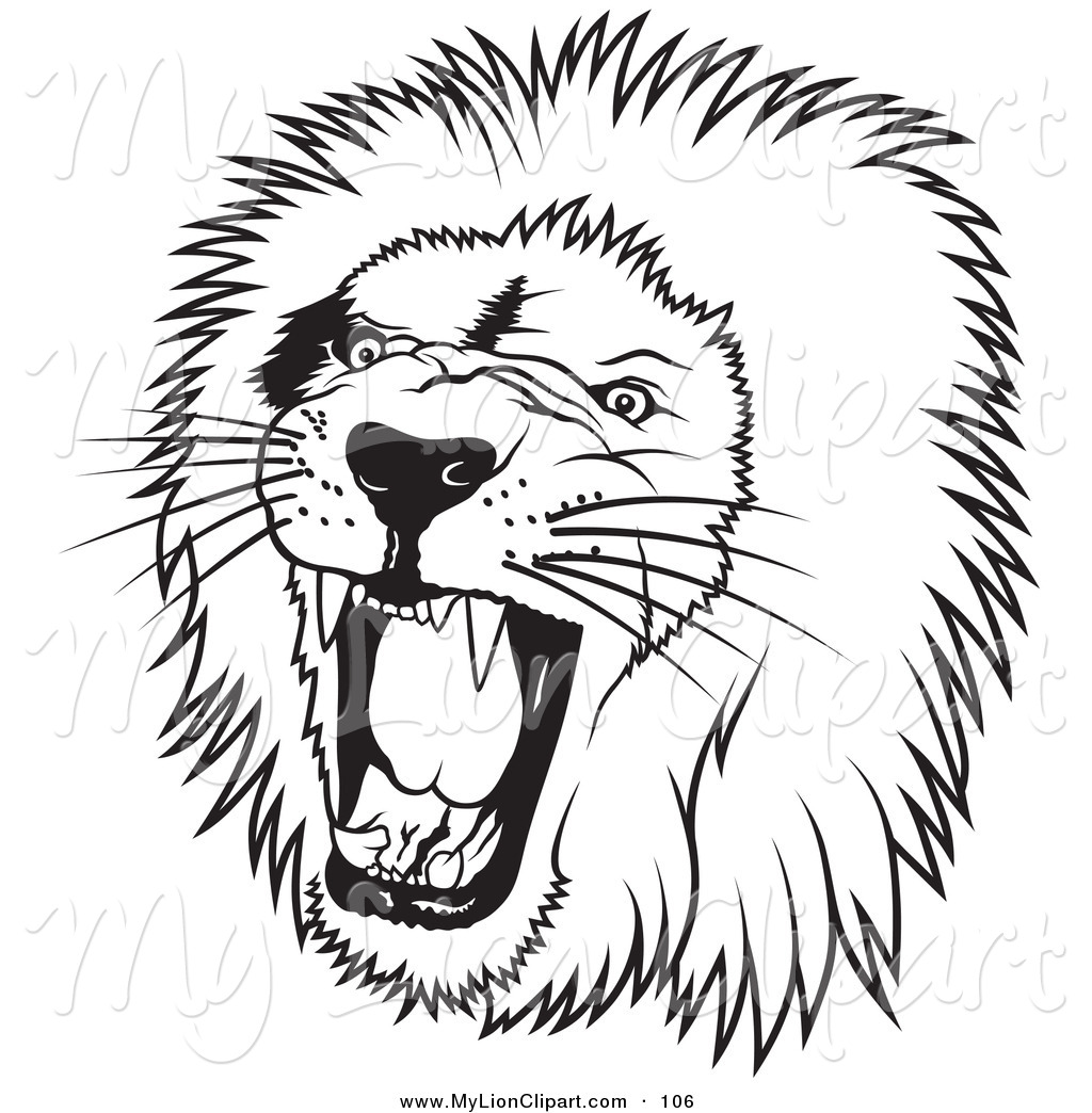Larger Preview  Clipart Of A Black And White Roaring Male Lion Head