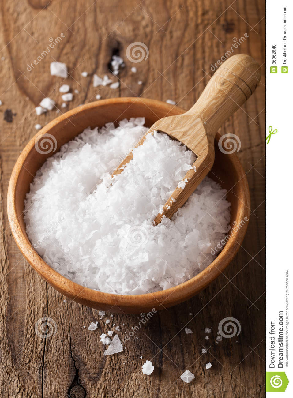 Sea Salt In Wooden Bowl And Scoop Stock Photo   Image  36062840