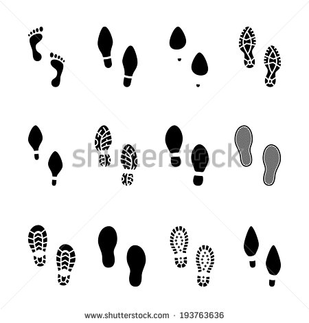 Set Of Footprints And Shoeprints Icons In Black And White Showing Bare    