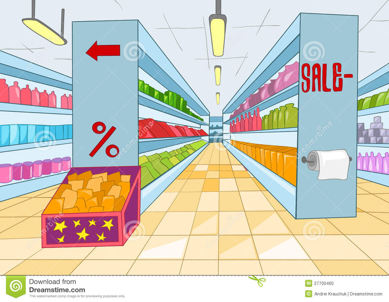 Supermarket With Long Shelfs  Vector Cartoon Background
