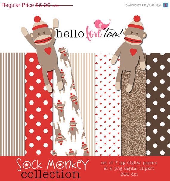 50  Off Sock Monkey Digital Paper   Clipart Collection