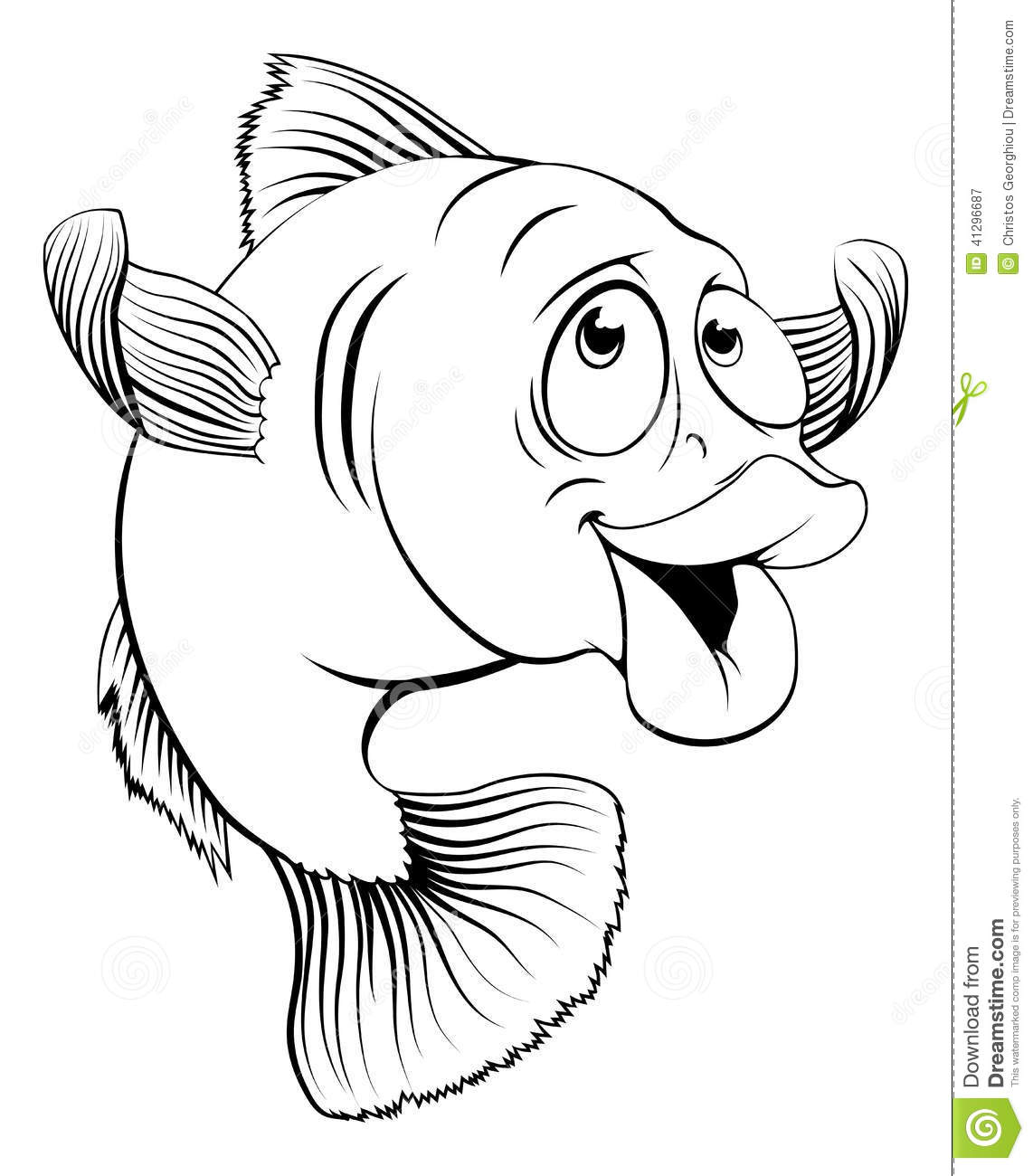 An Illustration Of A Happy Cute Cartoon Cod Fish In Black And White
