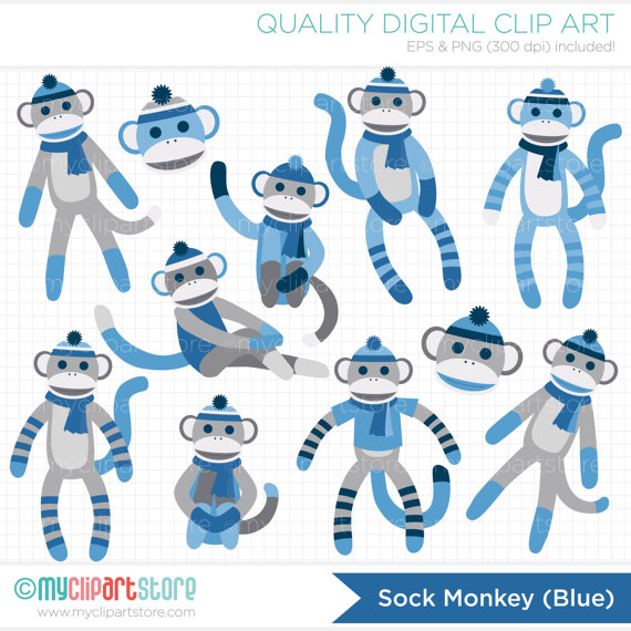 Blue Sock Monkey Clip Art   Digital Clipart   Instant Download