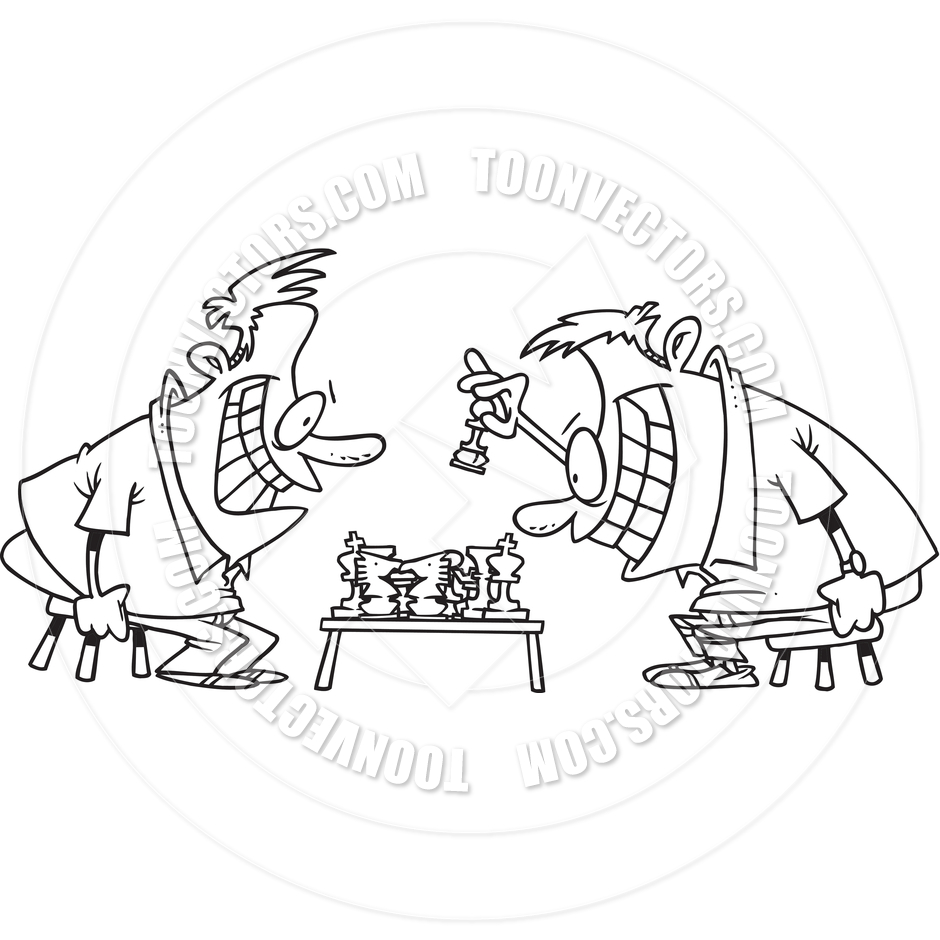 Cartoon Chess Players  Black And White Line Art  By Ron Leishman