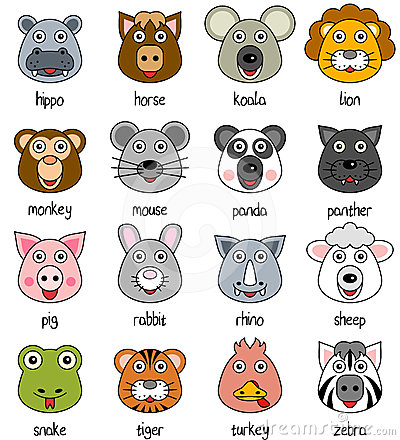 Collection Of 16 Funny Cartoon Animal Faces Isolated On White    