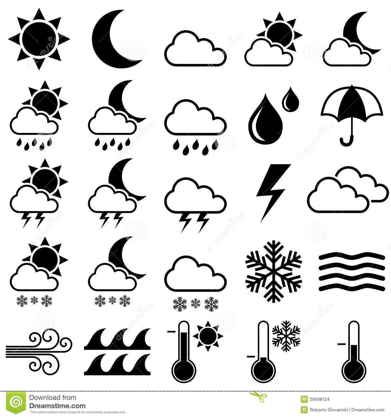 Of 25 Black And White Weather Forecast Icons Isolated On White    