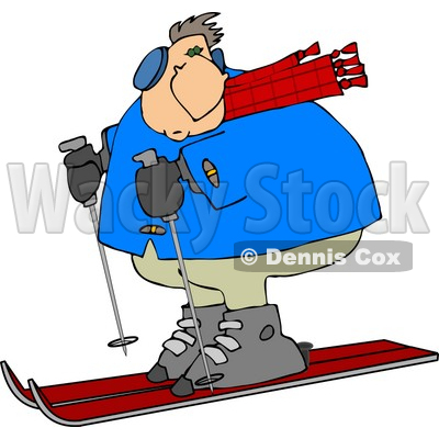 Overweight Man Snow Skiing Down A Winter Ski Slope Covered With Snow
