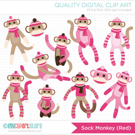 Pink Sock Monkey Clip Art   Digital Clipart   Instant Download