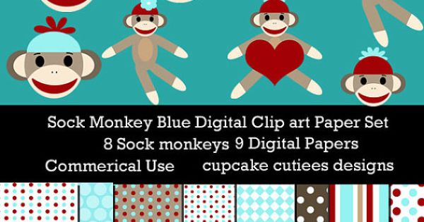 Sock Monkey Blue Digital Clipart Elements And Papers Commercial Use