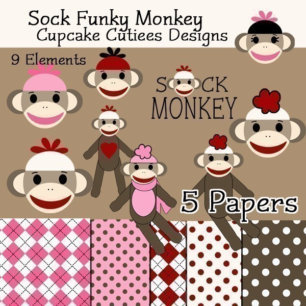 Sock Monkey Digital Clipart Elements And Papers By Cupcakecutiees